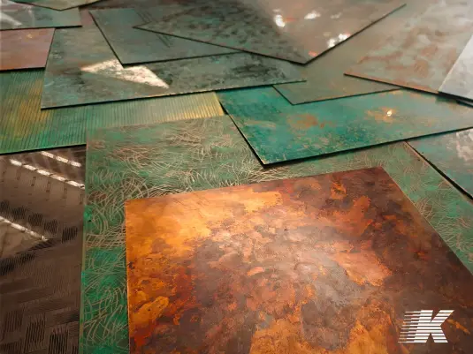 Decorative metal panel samples arranged for custom surface development