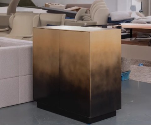 Aged metal furniture panel portfolio installation